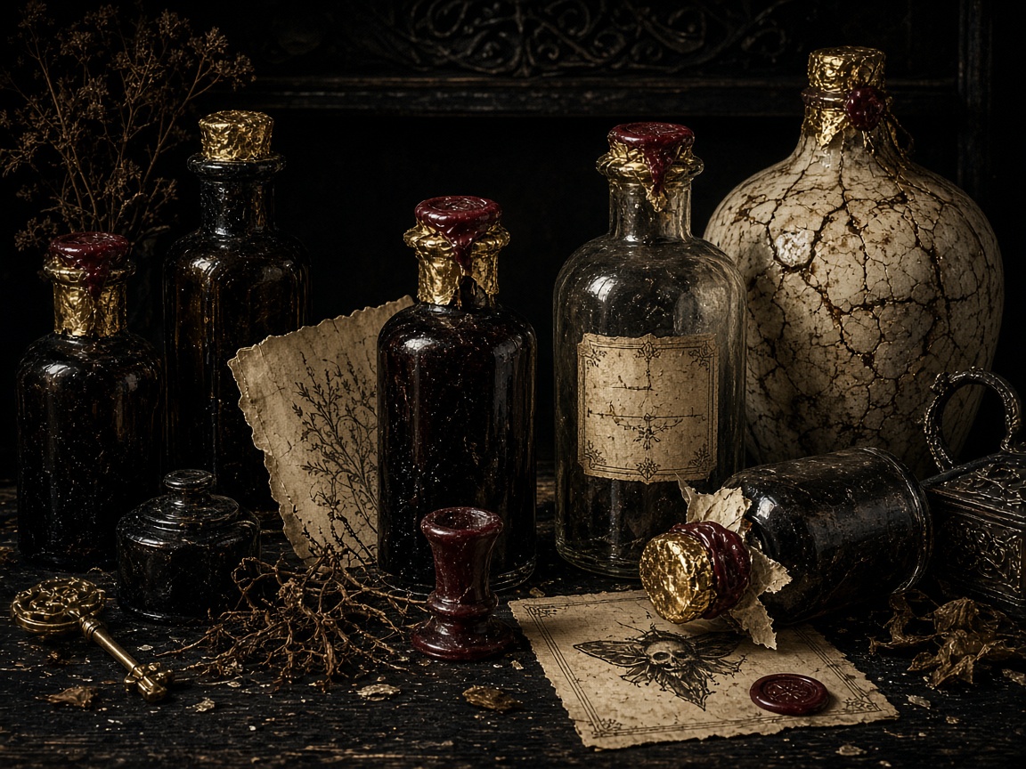 Apothecary bottles, wax seals, and gold foil